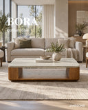 JANSSONG BORA coffee table with an open shelf in a neutral living room 
