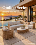 JANSSONG Ondina outdoor sofa set with cream cushions, sand-coloured rope backs and an oval coffee table on a poolside terrace
