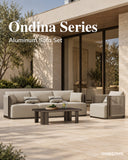 JANSSONG Ondina aluminum sofa set with cream high-profile cushions, a matching armchair and coffee table