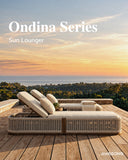 JANSSONG Ondina outdoor sun loungers with raised backrests and pale rope detailing on a sunset terrace
