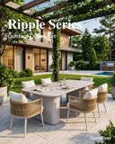 JANSSONG Ripple outdoor dining set with six sand-coloured rope chairs and a pale table beneath a garden pergola