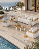 JANSSONG White Sand outdoor sofa set with cream cushions, white frames and warm-toned tables on a poolside terrace